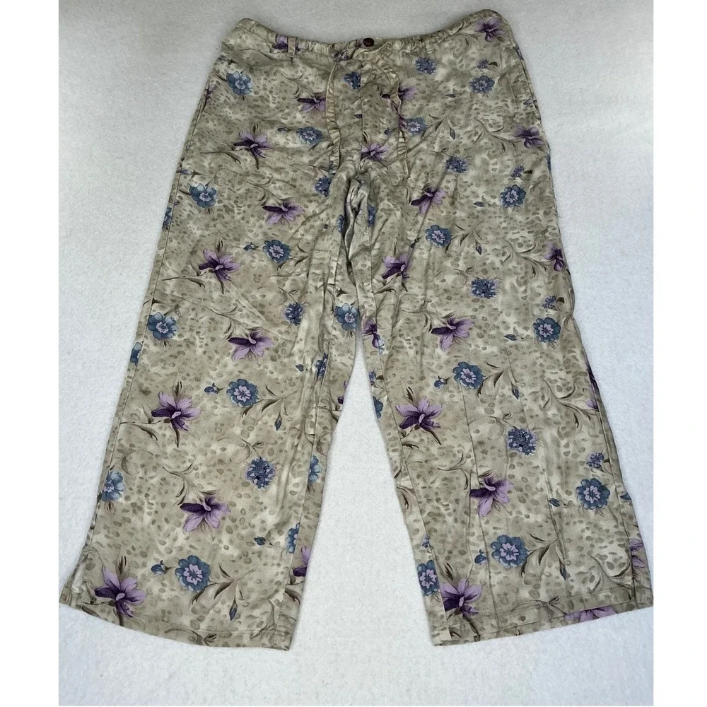 Island Traders Floral Wide Leg Pants Womens Small Tan Purple Rayon Boho Tropical